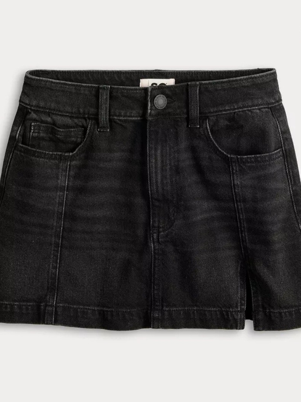 SO Black Denim Mini Skirt with Front Seams & Slit - Size 15 / 32W